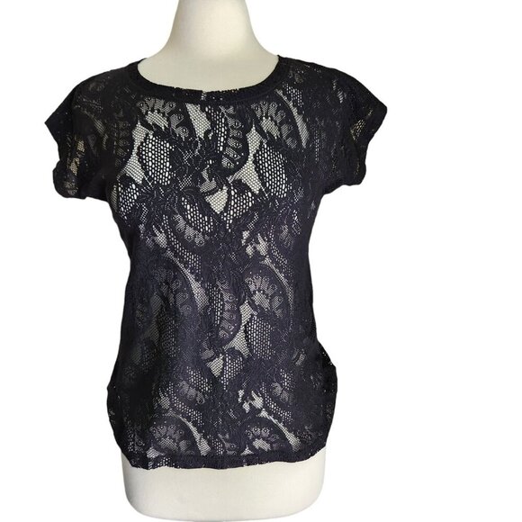 Reiss Lace Top Women's Small Short‎ Sleeves Sheer Goth Witchy Stretchy Black - Picture 2 of 10